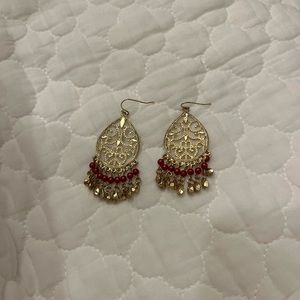 Gold red dangling earrings
